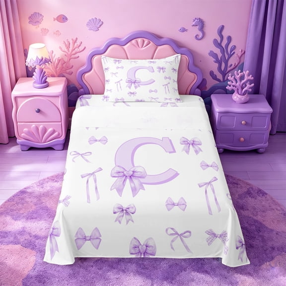 meiyoeat Purple Bow Monogrammed C Twin Sheets,Watercolor Coquette Letter Design Bedding For Girl,3-Piece,1 Fitted Sheet and 1 Pillowcase