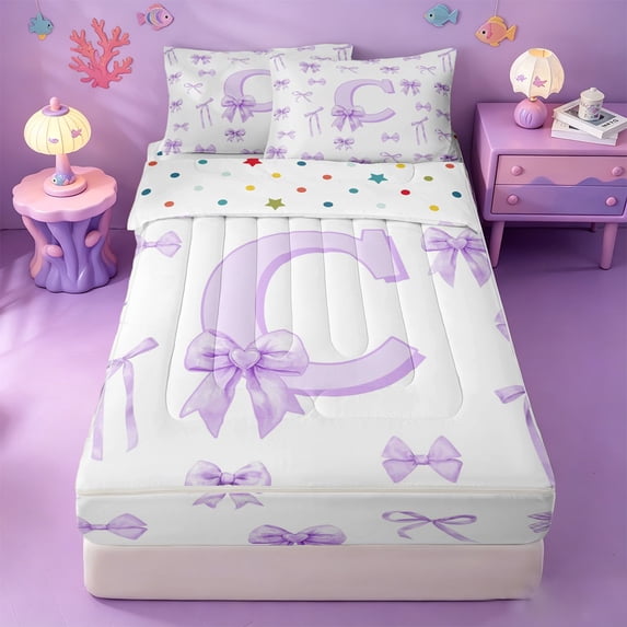 meiyoeat Purple Bow Monogrammed C Zipper Twin Comforter Sets with Fitted Sheet and 2 Pillowcases,Watercolor Coquette Letter Design Zipper Bedding Set For Girl,Reversible,4 Pieces
