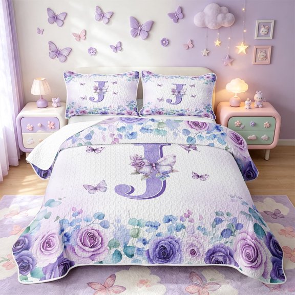 meiyoeat Purple Butterfly Floral Twin Quilt Set For Girls,Monogram J Initial Art Twin Coverlet Set,2-Piece,1 Bedspread and 1 Pillowcase