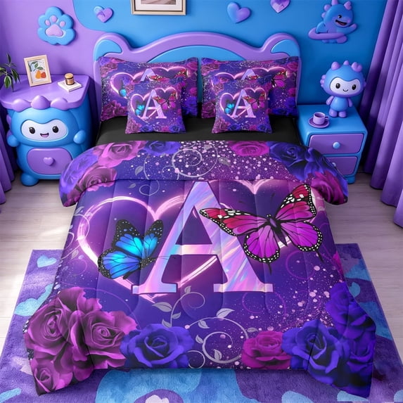 meiyoeat Purple Butterfly Rose Monogram A 7-Piece Twin Bedding,Neon Heart Initial Bedding Comforter Set For Girl,Black Reversible