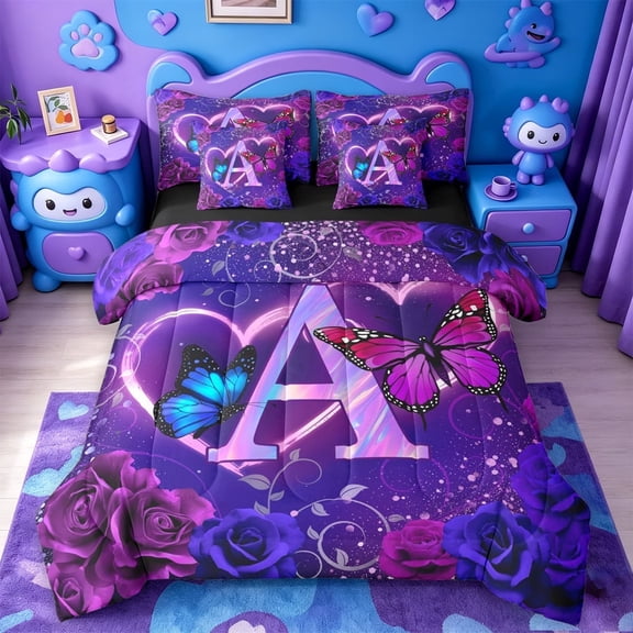 meiyoeat Purple Butterfly Rose Monogram A 7-Piece Twin Bedding,Neon Heart Initial Bedding Comforter Set For Girl,Black Reversible