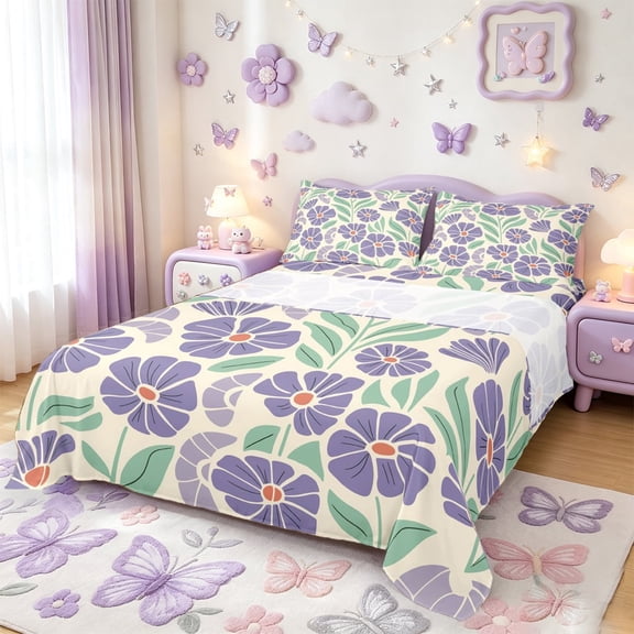 meiyoeat Purple Floral Bed Sheets For Girls,Cartoon Floral Print Full Size Sheets,Purple Cream,4-Piece1 Flat Sheet, 1 Fitted Sheet and 2 Pillowcases