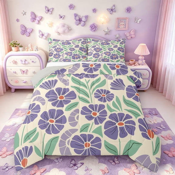 meiyoeat Purple Floral Full Size Comforter Sets For Girls,Cartoon Floral Print Bedding Comforter Set,Purple Cream,Light Gray Reversible,3-Piece,1 Comforter and 2 Pillowcases
