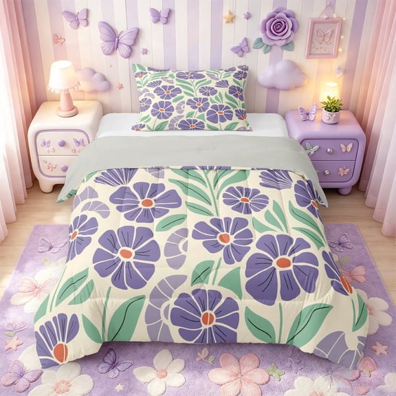 meiyoeat Purple Floral Twin Comforter Sets For Girls,Cartoon Floral Print Bedding Set,Purple Cream,Light Gray Reversible,2pcs,1 Comforter and 1 Pillowcase