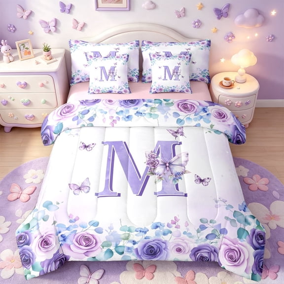 meiyoeat Purple Flower Monogrammed M 7-Piece Twin Bedding For Girls,Cute Animal Butterfly Bedding Comforter Set,Pink Reversible