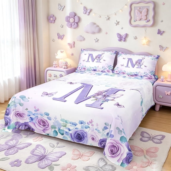 meiyoeat Purple Flower Monogrammed M Bed Sheets For Girls,Cute Animal Butterfly Full Size Sheets,4 Pieces1 Flat Sheet, 1 Fitted Sheet and 2 Pillowcases