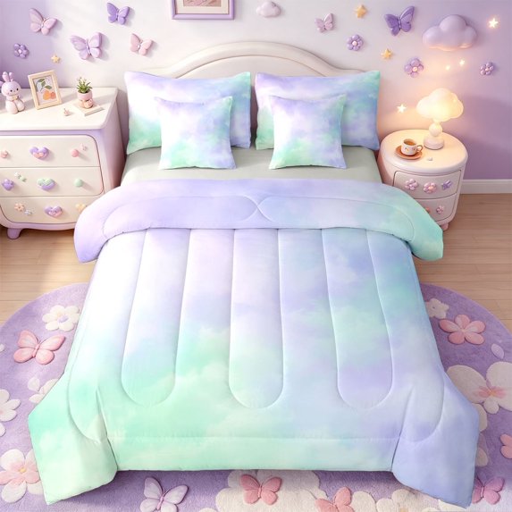 meiyoeat Purple Green Watercolor Cloud 7-Piece Twin Bedding,Soft Ombre Print Bedding Comforter Set For Girls,Light Gray Reversible