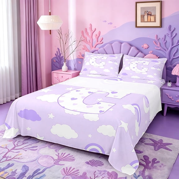 meiyoeat Purple Heart Monogrammed C Bed Sheets,Rainbow Cloud Stars Letter Design Full Size Sheets For Girl,4-Piece,1 Flat Sheet,1 Fitted Sheet and 2 Pillowcases