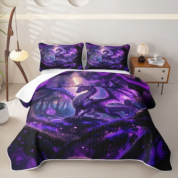 meiyoeat Purple Neon Forest Dragon Bed Spread Queen for Boys Girls, Galaxy Wildlife Queen Coverlet Set, 3pcs