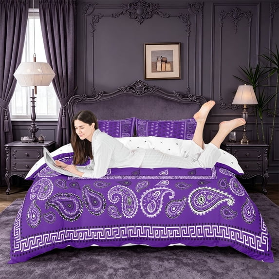 meiyoeat Purple Paisley Flowers Duvet Cover King For Kids,Vintage Boho Theme King Bedding For Men Women,Reversible,3pcs(No Comforter)