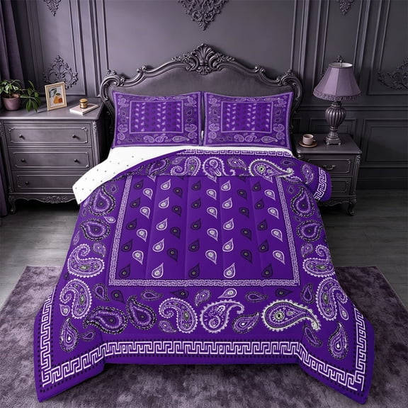 meiyoeat Purple Paisley Flowers Queen Comforter Set For Kids,Vintage Boho Theme Comforter Sets Queen For Men Women,Reversible,3 Pieces