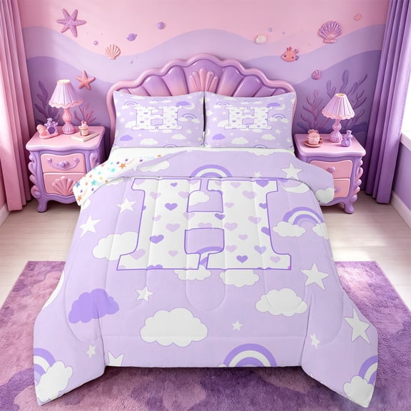meiyoeat Purple Personalized Monogram Full Size Comforter Sets,Rainbow Cloud Heart Initial Art Bedding Comforter Set For Girl,Colorful Stars Reversible,3-Piece,1 Comforter and 2 Pillowcases
