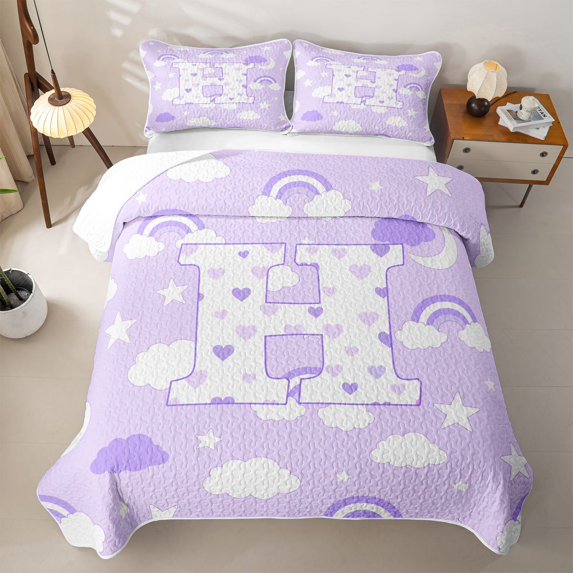 meiyoeat Purple Personalized Monogram Quilt Full,Rainbow Cloud Heart Initial Art Full Bedspread Sets For Girl,3-Piece