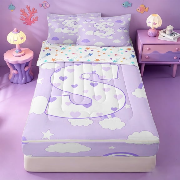meiyoeat Purple Personalized Monogram S Zipper Full Size Comforter Sets with Fitted Sheet and 2 Pillowcases,Rainbow Cloud Loves Initial Art Zipper Bedding Set,Colorful Stars Reversible,4-Piece