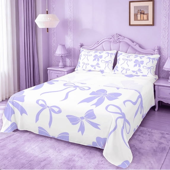 meiyoeat Purple Princess Bowknot Queen Sheets For Kids,Chic Ribbon Bow Tie Queen Sheet Sets For Girls,4Pcs