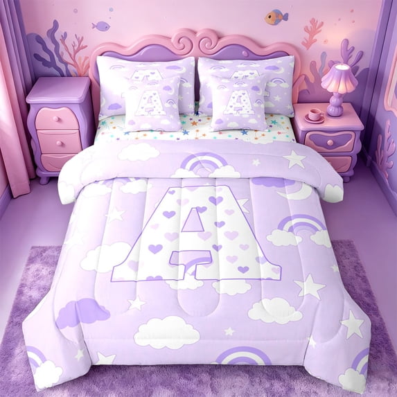 meiyoeat Purple Rainbow Cloud Monogram A 7-Piece Twin Bedding,Stars Heart Initial Bedding Comforter Set For Girl,Colorful Stars Reversible