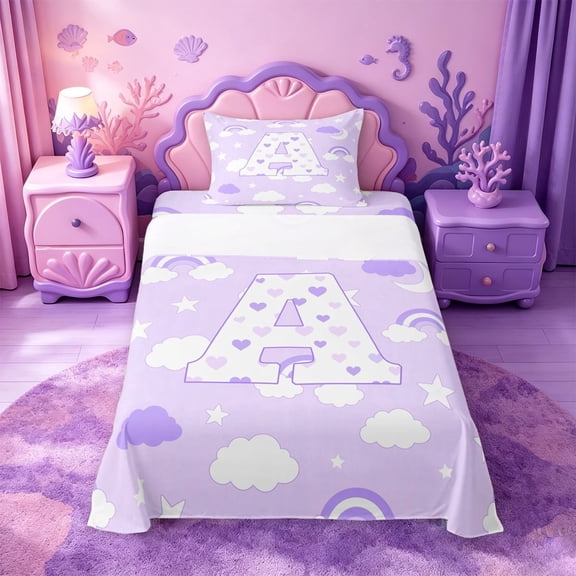 meiyoeat Purple Rainbow Cloud Monogram A Twin Sheets,Stars Heart Initial Bedding For Girl,3-Piece,1 Fitted Sheet and 1 Pillowcase