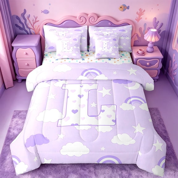 meiyoeat Purple Rainbow Cloud Monogram L 7 Pieces Full Size Bedding Sets,Stars Loves Initial Full Size Bed in a Bag For Girl,Colorful Stars Reversible