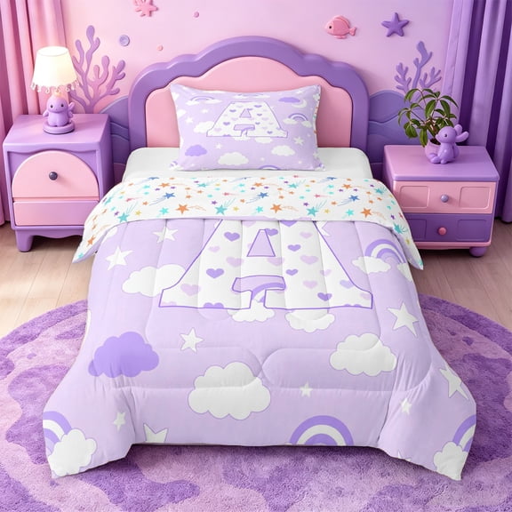 meiyoeat Purple Rainbow Cloud Monogram A Twin Comforter Sets,Stars Heart Initial Bedding Set For Girl,Colorful Stars Reversible,2-Piece,1 Comforter and 1 Pillowcase