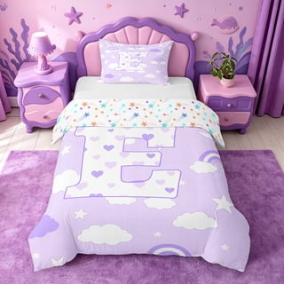 meiyoeat Purple Rainbow Initial E Twin Duvet Cover,Cute Heart Cloud Stars Pattern Twin Bedding For Girl,Colorful Stars Reversible,2 Pieces,1 Duvet Cover and 1 Pillowcase