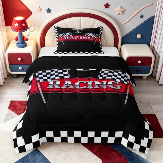 meiyoeat Race Car Flag Twin Comforter Sets,Extreme Speed Games Bedding Set,Black Reversible,2pcs,1 Comforter and 1 Pillowcase