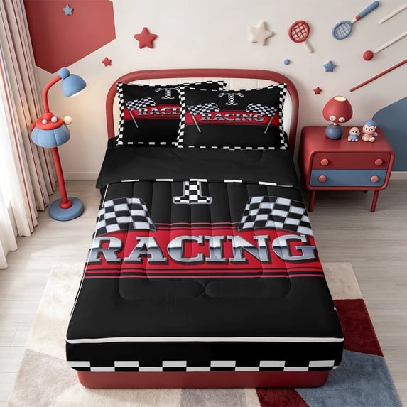 meiyoeat Race Car Flag Zipper Twin Comforter Sets with Fitted Sheet and 2 Pillowcases,Extreme Speed Games Zipper Bedding Set,Black Reversible,4pcs