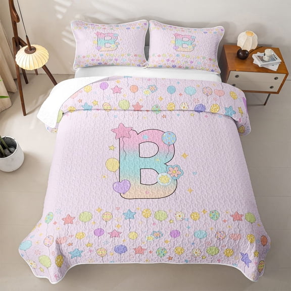 meiyoeat Rainbow Balloon Initial B Quilt Full,Pastel Ombre Monogram Art Full Bedspread Sets For Girl,3pcs
