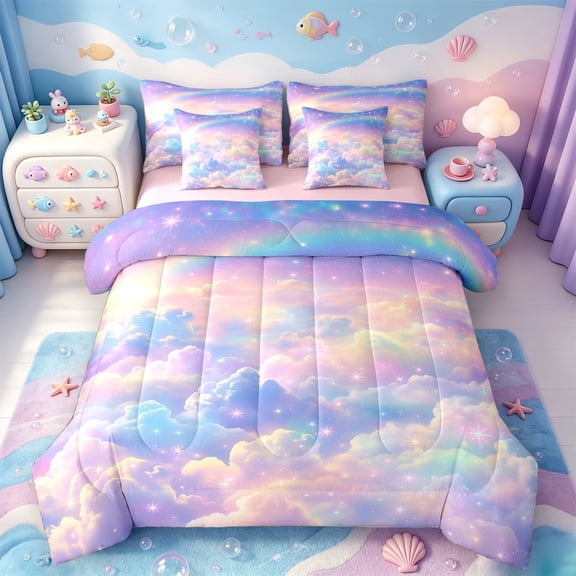 meiyoeat Rainbow Cloud Star 7 Pieces Full Size Bedding Sets,Dreamy Magical Galaxy Sky Full Size Bed in a Bag For Girls,Pink Reversible