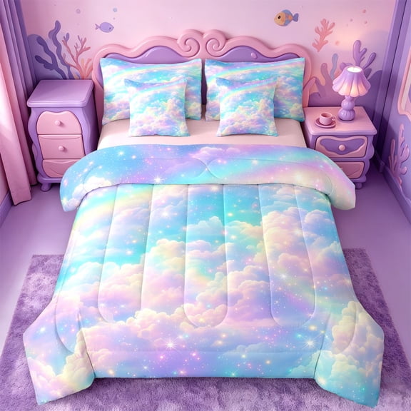 meiyoeat Rainbow Cloud Star Galaxy 7-Piece Twin Bedding,Dreamy Sky Pattern Bedding Comforter Set For Girl,Reversible