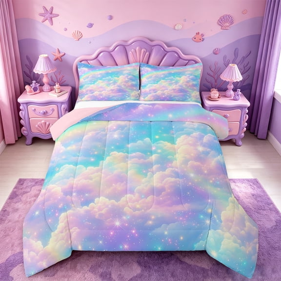 meiyoeat Rainbow Cloud Star Galaxy Full Size Comforter Sets,Dreamy Sky Pattern Bedding Comforter Set For Girl,Reversible,3 Pieces,1 Comforter and 2 Pillowcases
