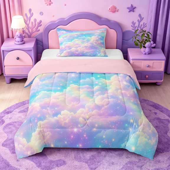 meiyoeat Rainbow Cloud Star Galaxy Twin Comforter Sets,Dreamy Sky Pattern Bedding Set For Girl,Reversible,2-Piece,1 Comforter and 1 Pillowcase