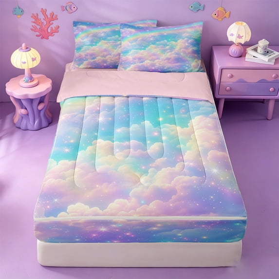 meiyoeat Rainbow Cloud Star Galaxy Zipper Full Size Comforter Sets with Fitted Sheet and 2 Pillowcases,Dreamy Sky Pattern Zipper Bedding Set For Girl,Reversible,4 Pieces