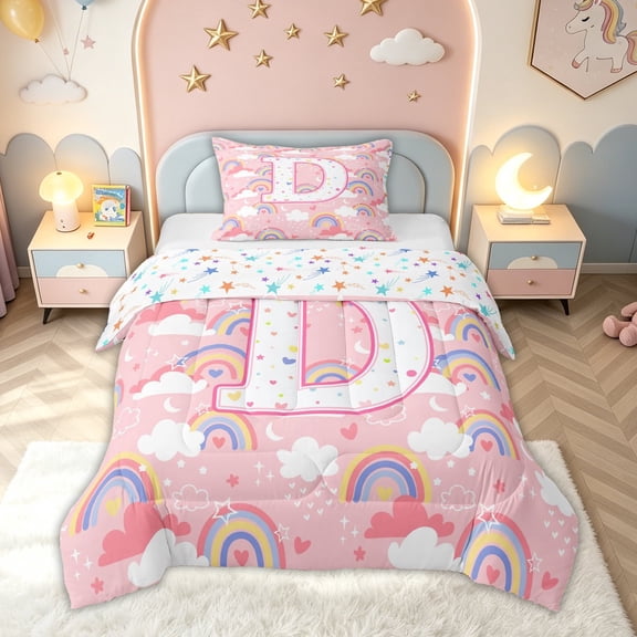 meiyoeat Rainbow D Initial Twin Comforter Sets for Girls Kids, Galaxy Stars Cloud Bedding Set, Pink Multicolor, Colorful Star Reversible, 2pcs, 1 Comforter and 1 Pillowcase