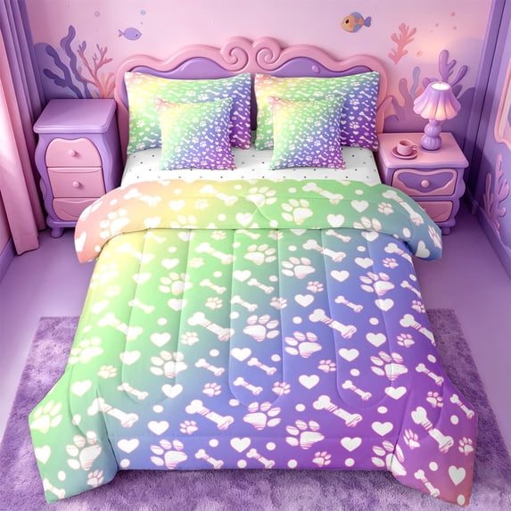 meiyoeat Rainbow Dog Paw Pattern 7-Piece Twin Bedding,Cute Pet Print Bedding Comforter Set For Girl,Reversible