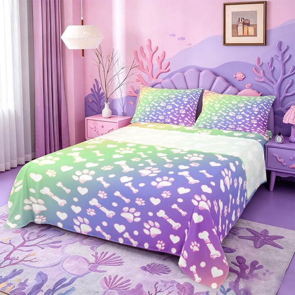 meiyoeat Rainbow Dog Paw Pattern Bed Sheets,Cute Pet Print Full Size Sheets For Girl,4 Pieces,1 Flat Sheet,1 Fitted Sheet and 2 Pillowcases
