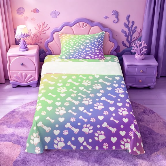 meiyoeat Rainbow Dog Paw Pattern Twin Sheets,Cute Pet Print Bedding For Girl,3-Piece,1 Fitted Sheet and 1 Pillowcase