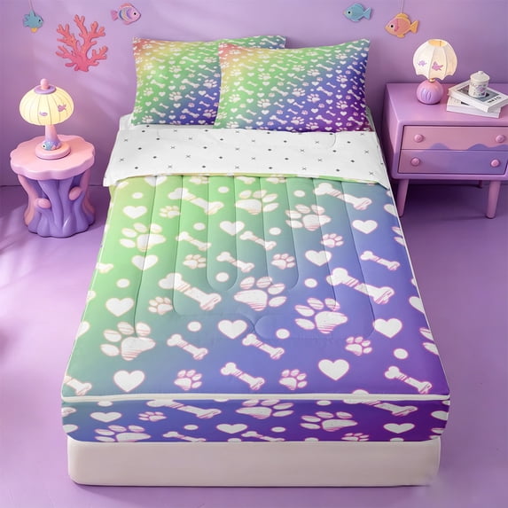 meiyoeat Rainbow Dog Paw Pattern Zipper Twin Comforter Sets with Fitted Sheet and 2 Pillowcases,Cute Pet Print Zipper Bedding Set For Girl,Reversible,4-Piece