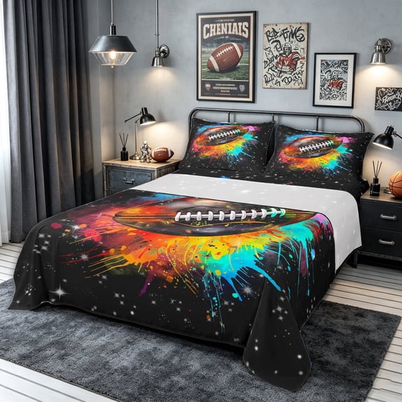 meiyoeat Rainbow Football Bed Sheets for Kids Boys, Watercolor Graffiti Art Full Size Sheets for Bedroom, Black, 4 Pieces