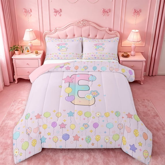 meiyoeat Rainbow Gradient Monogram E Full Size Comforter Sets,Dreamy Balloon Initial Art Bedding Comforter Set For Girl,Pink Reversible,3pcs,1 Comforter and 2 Pillowcases