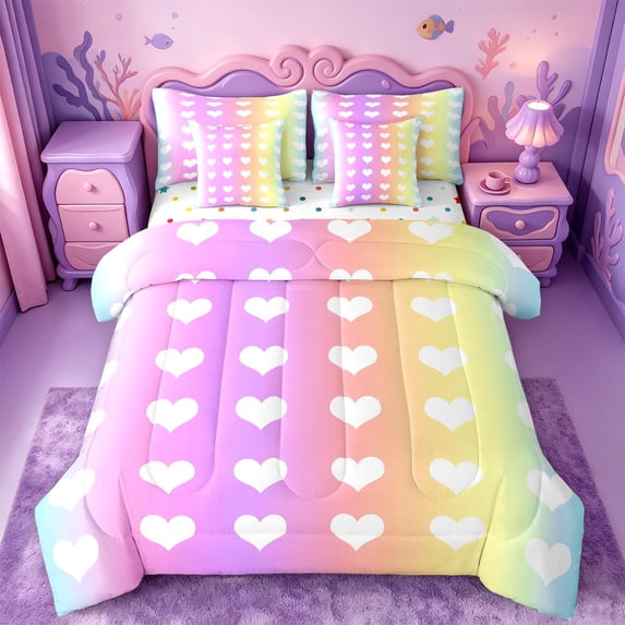 meiyoeat Rainbow Heart Print 7-Piece King Bedding,Cute Love Pattern King Bed In A Bag For Girl,Reversible