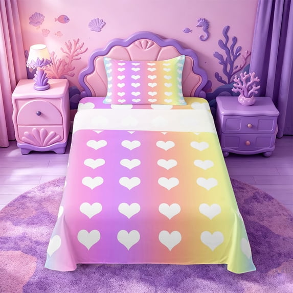 meiyoeat Rainbow Heart Print Twin Sheets,Cute Love Pattern Bedding For Girl,3-Piece,1 Fitted Sheet and 1 Pillowcase