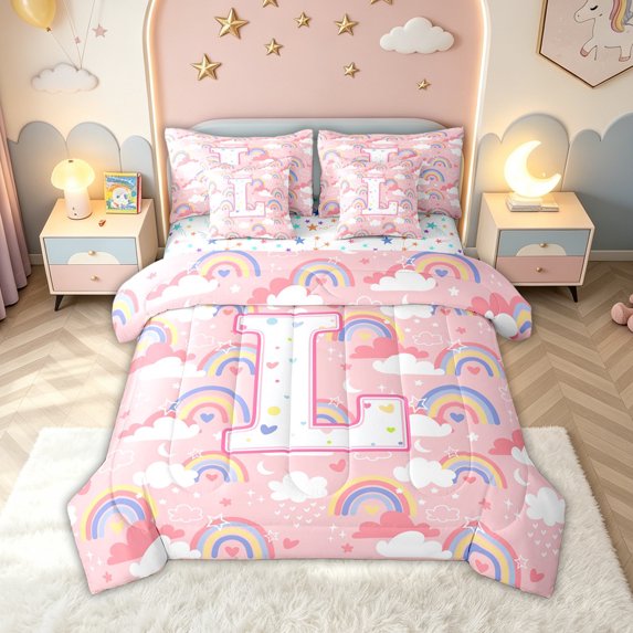meiyoeat Rainbow Letter L Queen Bedding for Girls, Cartoon Cloud Bedding Comforter Set Queen for Bedroom, Pink, Colorful Star Reversible, 7-Piece