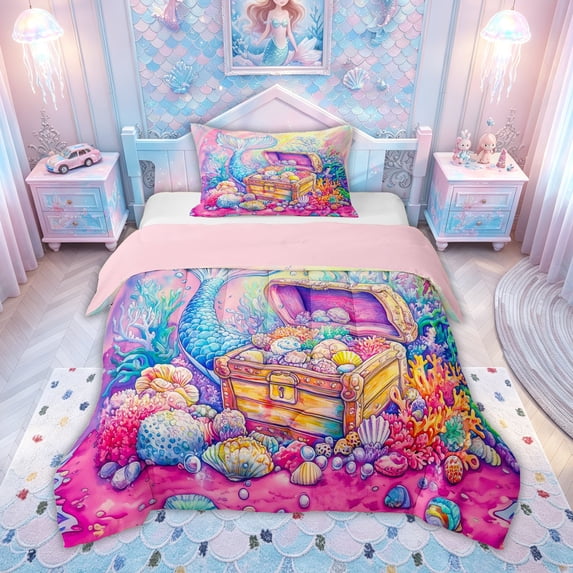 meiyoeat Rainbow Mermaid Treasure Twin Comforter Sets for Kids Boys Girls, Ocean Princess Bedding Set, Pink Blue, Pink Reversible, 2 Pieces, 1 Comforter and 1 Pillowcase