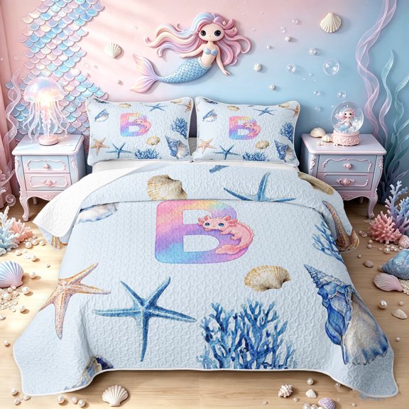 meiyoeat Rainbow Monogrammed B Twin Quilt Set for Girls, Cute Blue Ocean Axolotl Twin Coverlet Set, 2 Pieces, 1 Comforter and 1 Pillowcase