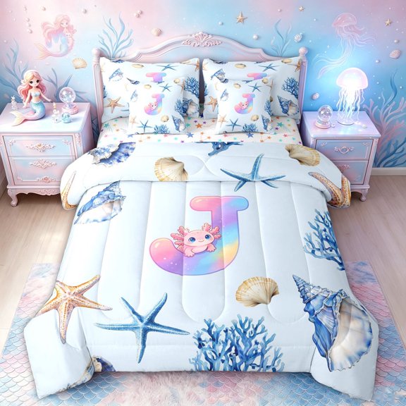 meiyoeat Rainbow Monogrammed J Twin Bedding for Girls, Cute Blue Ocean Axolotl Bedding Comforter Set, Star Reversible, 7pcs