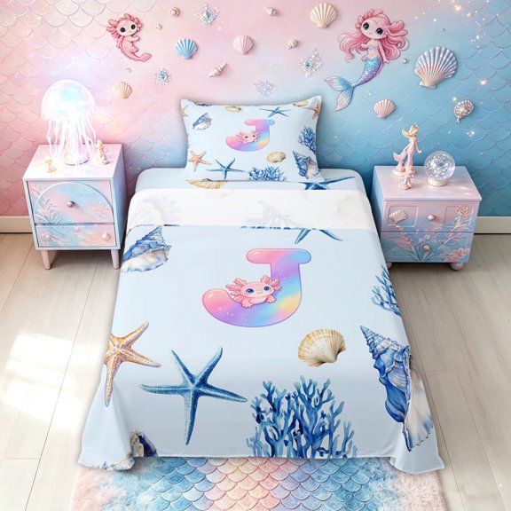 meiyoeat Rainbow Monogrammed J Twin Sheets for Girls, Cute Blue Ocean Axolotl Bedding, 3pcs, 1 Flat Sheet, 1 Fitted Sheet and 1 Pillowcase