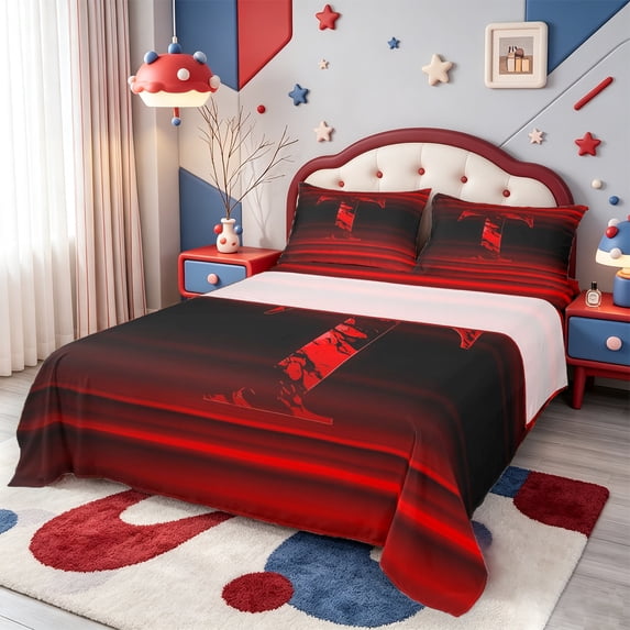 meiyoeat Red Black Monogram L King Sheets For Boys,Gradient Initial Print Bedding,4-Piece1 Flat Sheet, 1 Fitted Sheet And 2 Pillowcases