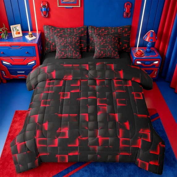meiyoeat Red Checkered Grid 7-Piece Twin Bedding For Boys,3D Modern Abstract Geometric Bedding Comforter Set For Kids,Black Reversible