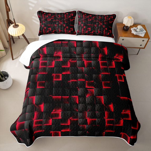meiyoeat Red Checkered Grid Quilt Full For Boys,3D Modern Abstract Geometric Full Bedspread Sets For Kids,3 Pieces