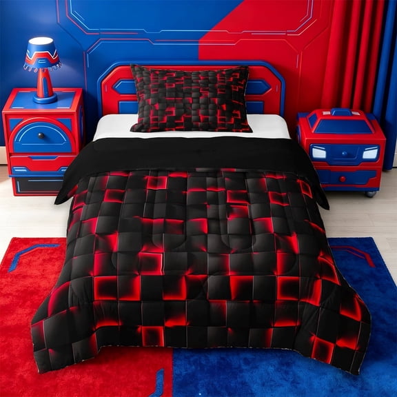 meiyoeat Red Checkered Grid Twin Comforter Sets For Boys,3D Modern Abstract Geometric Bedding Set For Kids,Black Reversible,2 Pieces